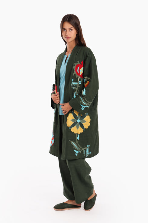 Fully embroidered short coat in cotton slub with pockets